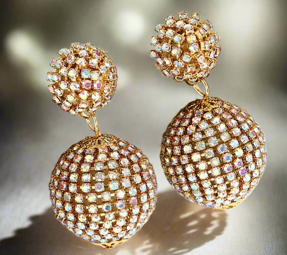 Disco Luxe Crystal Ball Earrings featuring gold-tone double-sphere drops encrusted with iridescent crystals, bold sparkling statement jewelry for women