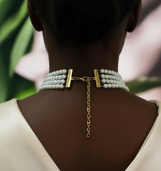 Multi-strand pearl choker necklace with ornate gold filigree cross pendant featuring faux pearls and teardrop pearl drops, elegant and vintage style.