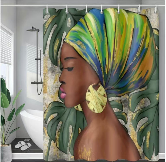 Tribal African queen shower curtain featuring a golden headwrap, bold jewelry, and tropical leaf accents, adding elegance and culture to bathroom décor.”