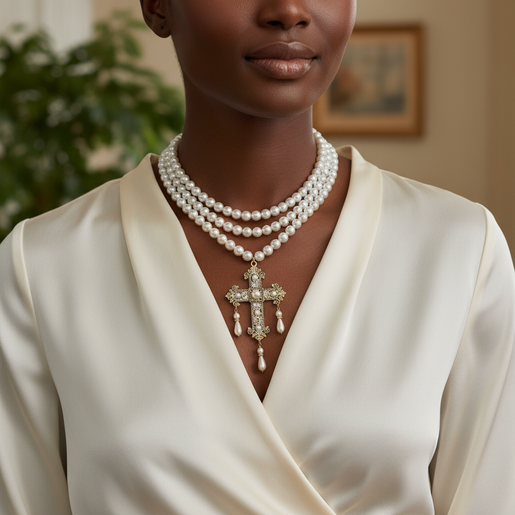 Multi-strand pearl choker necklace with ornate gold filigree cross pendant featuring faux pearls and teardrop pearl drops, elegant and vintage style.