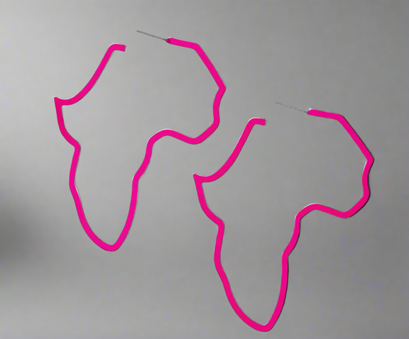 The Desiree W.A.R Stores 2025 Love-My-Roots Set features heritage jewelry earrings shaped like the African continent in a stunning pink hue, celebrating African roots against a simple backdrop.