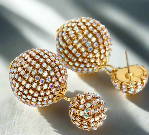 Disco Luxe Crystal Ball Earrings featuring gold-tone double-sphere drops encrusted with iridescent crystals, bold sparkling statement jewelry for women