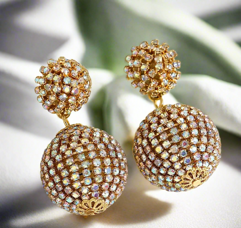 Disco Luxe Crystal Ball Earrings featuring gold-tone double-sphere drops encrusted with iridescent crystals, bold sparkling statement jewelry for women
