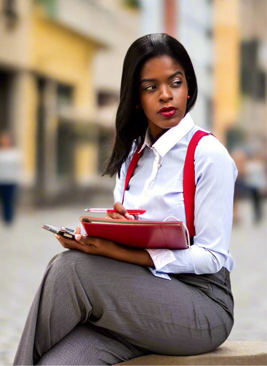 Bright red adjustable Y-back suspenders with three metal clips and leather patch.