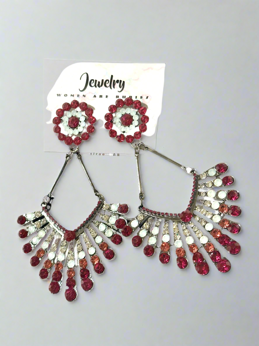 Red and white fan-shaped jeweled earrings from Desiree W.A.R Store, labeled Jewelry Women Are Pu, are the Glory in Bloom earrings—a stunning statement piece.