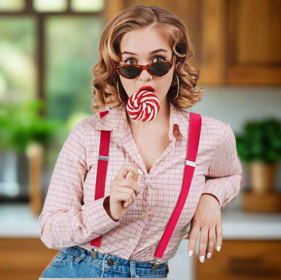 Bright hot pink unisex suspenders with Y-back design and silver clips displayed on white background.