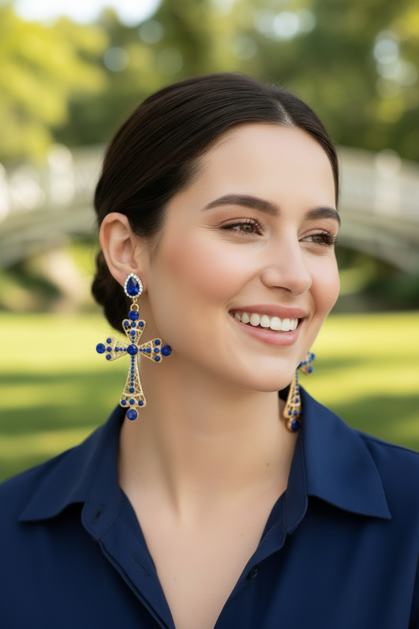 Royal Cross Statement Earrings featuring gold-tone filigree crosses adorned with sapphire-blue rhinestones and sparkling crystal accents, bold statement jewelry for women.