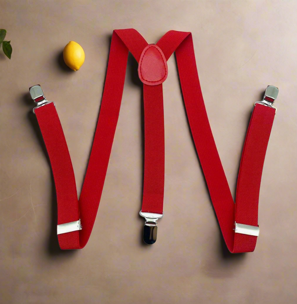 Bright red adjustable Y-back suspenders with three metal clips and leather patch.