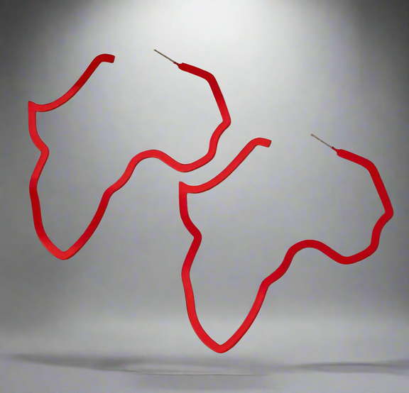 The 2025 Love-My-Roots Set by Desiree W.A.R Store features elegant African Map Earrings: two stylized red outlines of the continent with a wire, symbolizing African roots and heritage jewelry against a gray background.