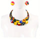 African-inspired Ankara print necklace with multicolor fabric-wrapped beads and matching button earrings displayed on a mannequin.