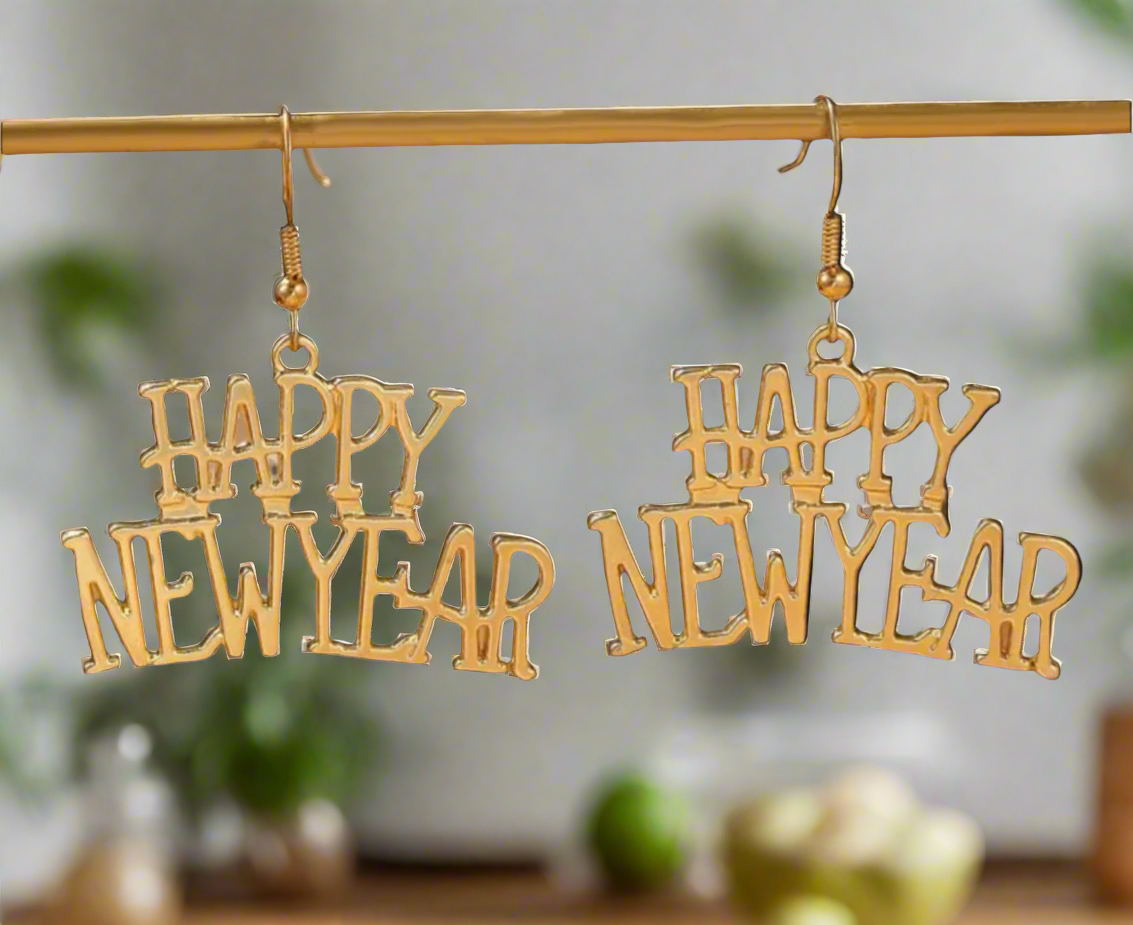 Ring in the New Year with style and sparkle with these festive “Happy New Year” dangle earrings! Crafted in a radiant gold-tone finish, these earrings are a perfect accessory to complement your celebratory outfit.