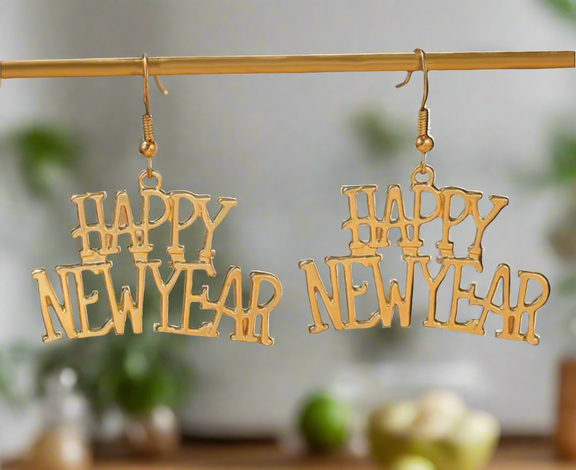 Ring in the New Year with style and sparkle with these festive “Happy New Year” dangle earrings! Crafted in a radiant gold-tone finish, these earrings are a perfect accessory to complement your celebratory outfit.