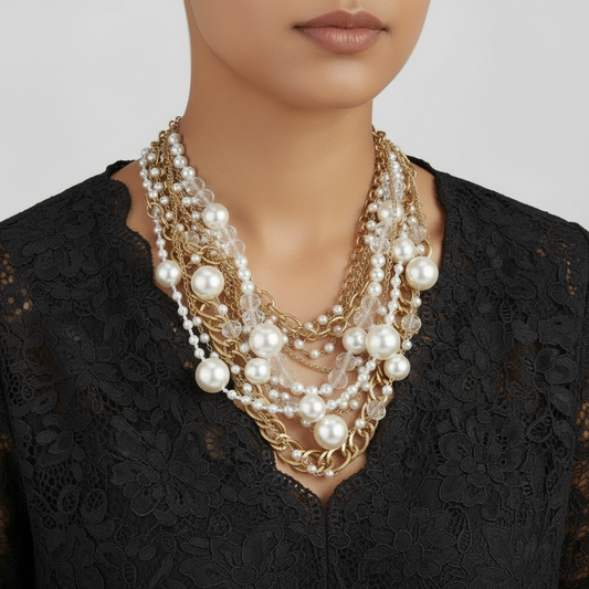 Person wearing a layered pearl and gold necklace against a neutral background