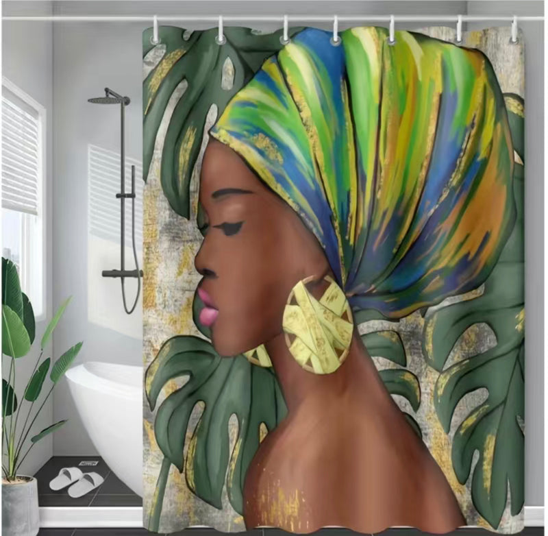 Tribal African queen shower curtain featuring a golden headwrap, bold jewelry, and tropical leaf accents, adding elegance and culture to bathroom décor.”