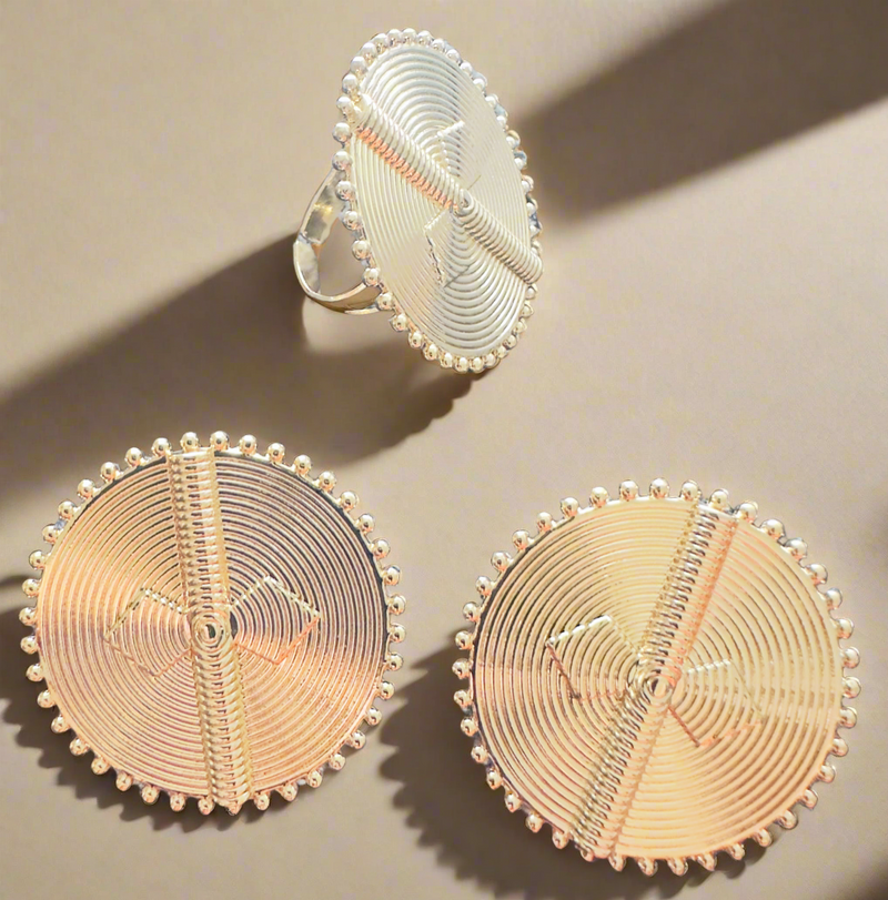 Akyene Sun Disc Ring – Akan-Inspired Adjustable Gold-Plated Statement Ring with Circular Spiral Design