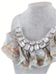 Floral ruffle bib necklace with large clear crystals and satin ribbon ties, vintage-inspired statement jewelry