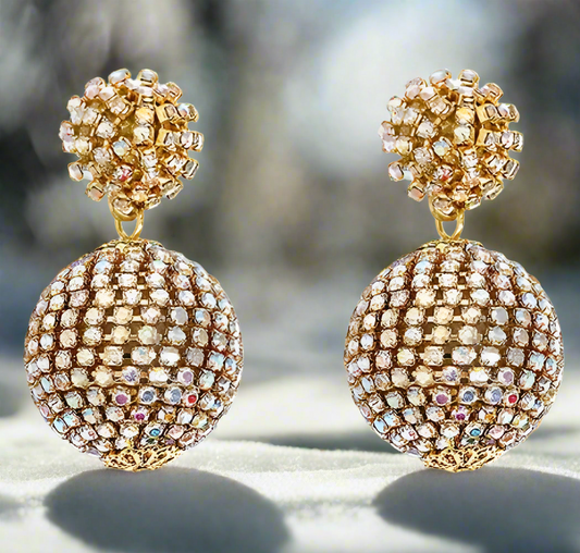 Disco Luxe Crystal Ball Earrings featuring gold-tone double-sphere drops encrusted with iridescent crystals, bold sparkling statement jewelry for women