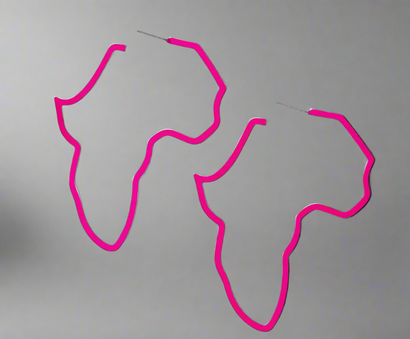 The Desiree W.A.R Stores 2025 Love-My-Roots Set features heritage jewelry earrings shaped like the African continent in a stunning pink hue, celebrating African roots against a simple backdrop.