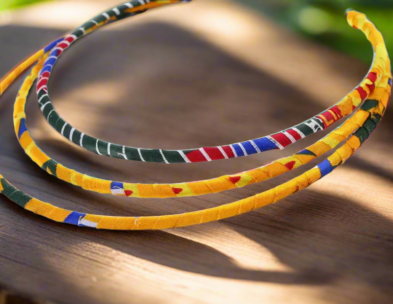 Ankara fabric-wrapped triple-strand necklace in bold red, yellow, green, and blue with matching round African print button earrings displayed on a black bust stand.