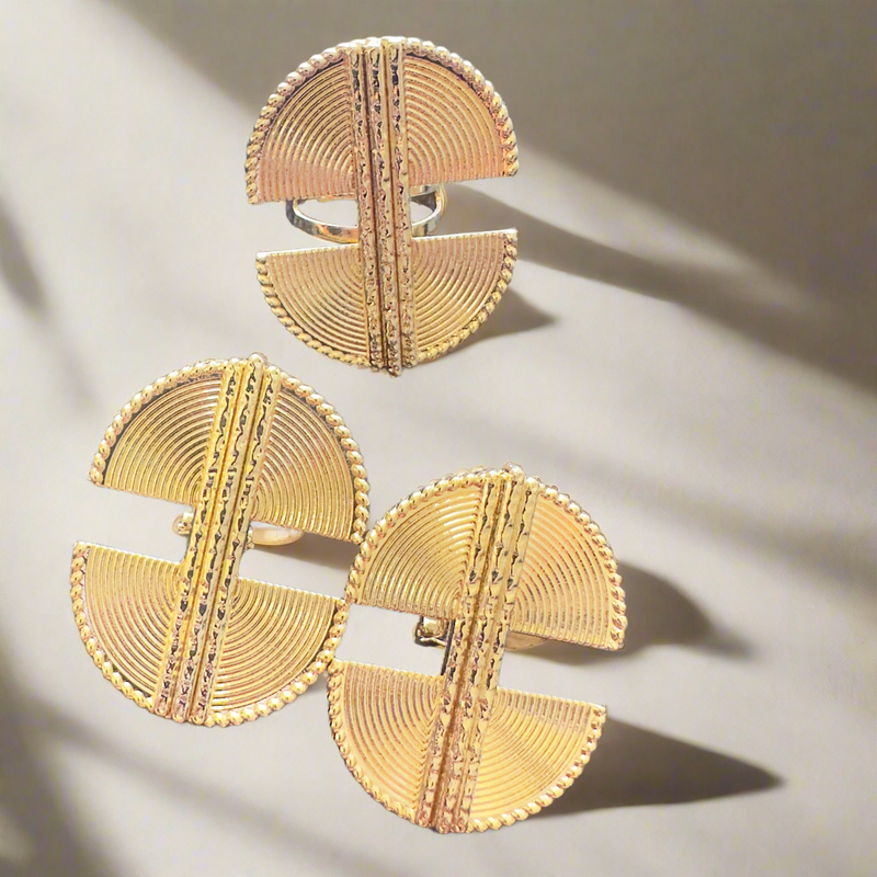 Nia Royal Gold Ring – African-Inspired Adjustable Gold-Plated Statement Ring with Half-Moon Tribal Design