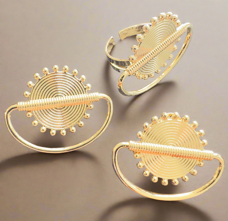 Sankofa Sun Gold Ring – African-Inspired Adjustable Gold-Plated Statement Ring with Circular Sunburst Design