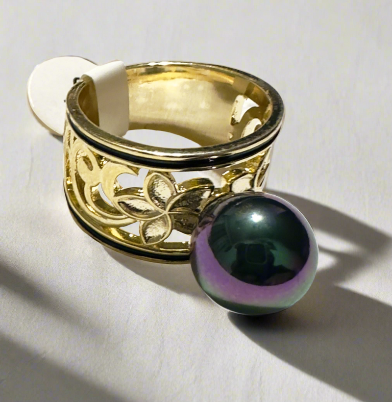 Gold-tone floral filigree statement ring featuring a black iridescent pearl with green and purple hues, perfect for elegant and luxurious styling