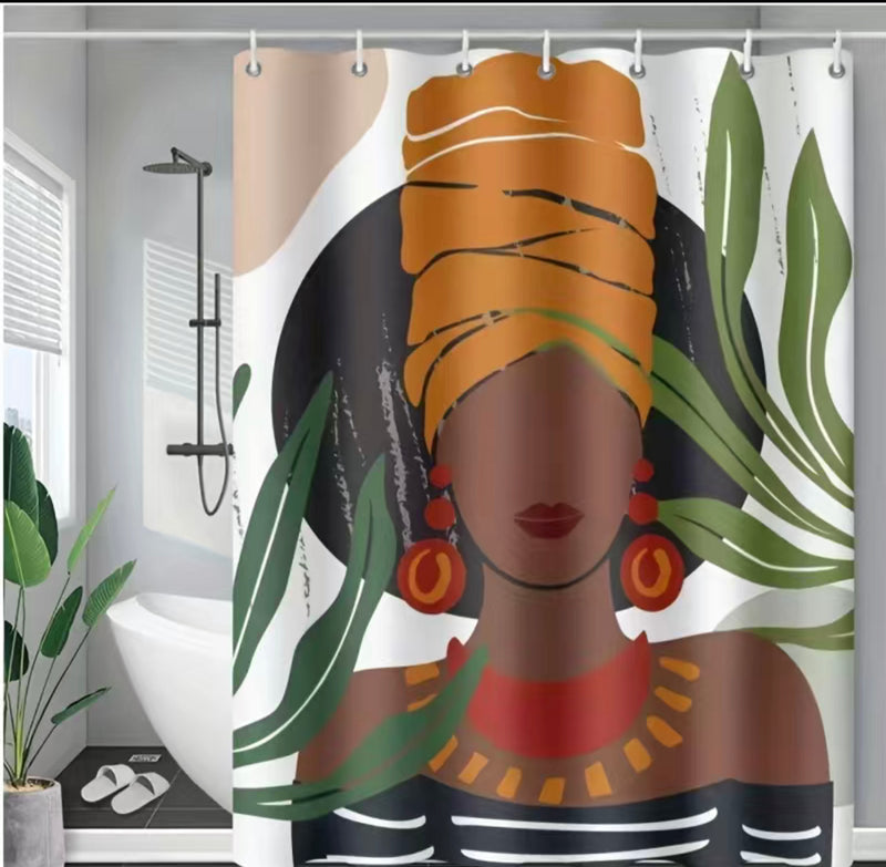 Tribal African queen shower curtain featuring a golden headwrap, bold jewelry, and tropical leaf accents, adding elegance and culture to bathroom décor.