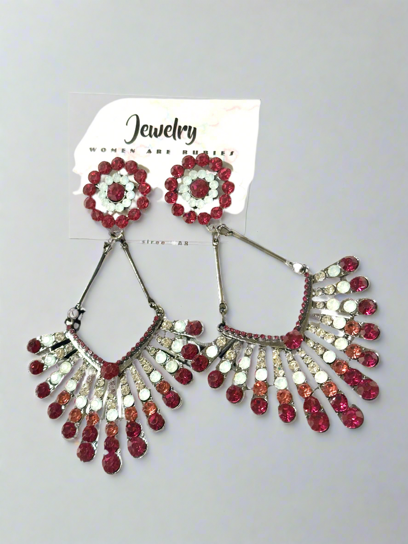 Red and white fan-shaped jeweled earrings from Desiree W.A.R Store, labeled Jewelry Women Are Pu, are the Glory in Bloom earrings—a stunning statement piece.