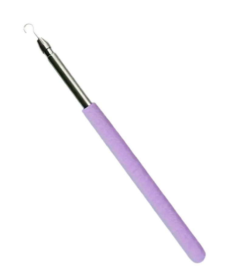 The Bracelet Fastening Hook Tool from Desiree W.A.R Store, featuring a metallic tip and ergonomic lavender handle, is displayed against a plain white background, offering a sleek addition to any jewelry toolkit.