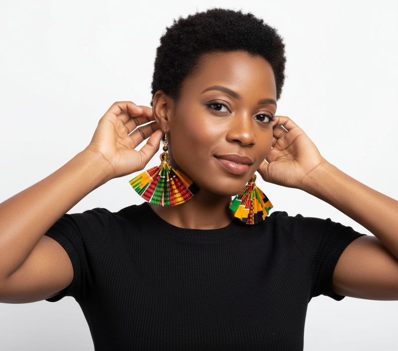Woman wearing colorful earrings against a plain background