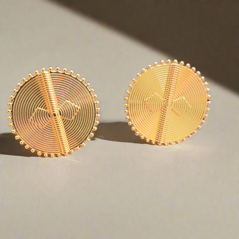 Akosua Sun Disc Earrings – Akan-Inspired Gold-Plated Statement Earrings with Circular Spiral Design and Beaded Edge