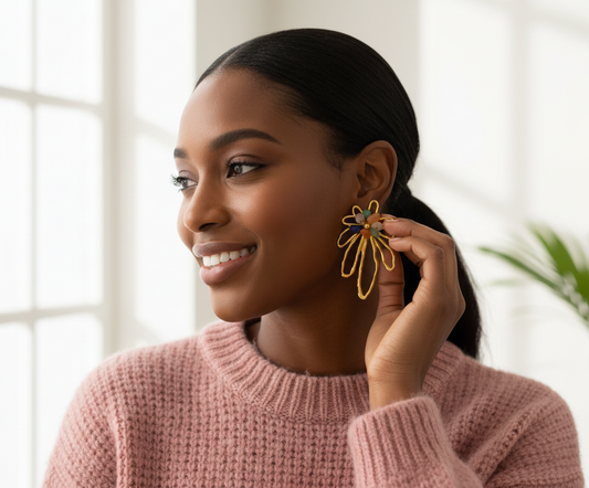 Woman wearing a pink sweater and gold earrings indoors