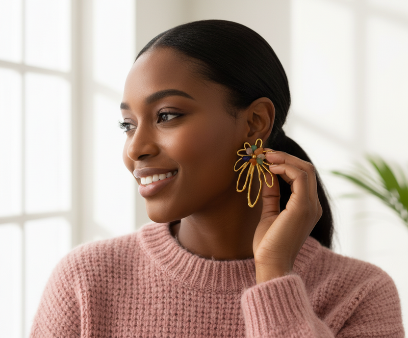 Woman wearing a pink sweater and gold earrings indoors