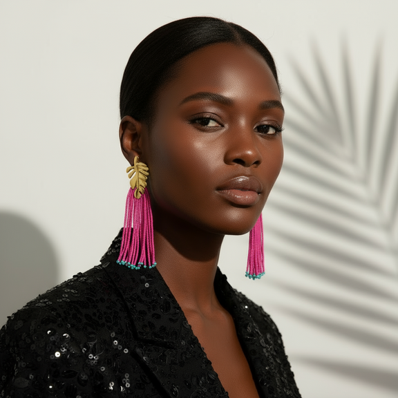 Pair of earrings with pink tassels and gold leaf-like tops on a beige surface.