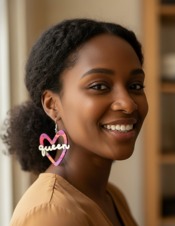 Woman wearing colorful 'queen' earrings with a blurred background