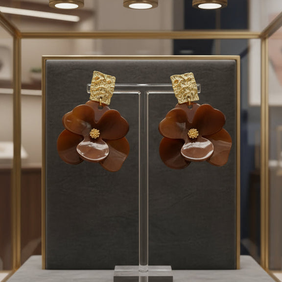 Ayira Amber brown flower-shaped statement earrings with gold textured top studs, elegant floral resin design reflecting warm sunset hues