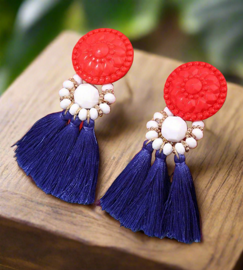 All-American Glam Earrings – Bold Red Top, Beaded Accents & Royal Blue Tassels