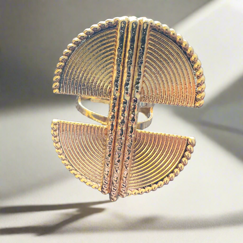 Nia Royal Gold plated Ring – African-Inspired Adjustable Gold-Plated Statement Ring with Half-Moon Tribal Design
