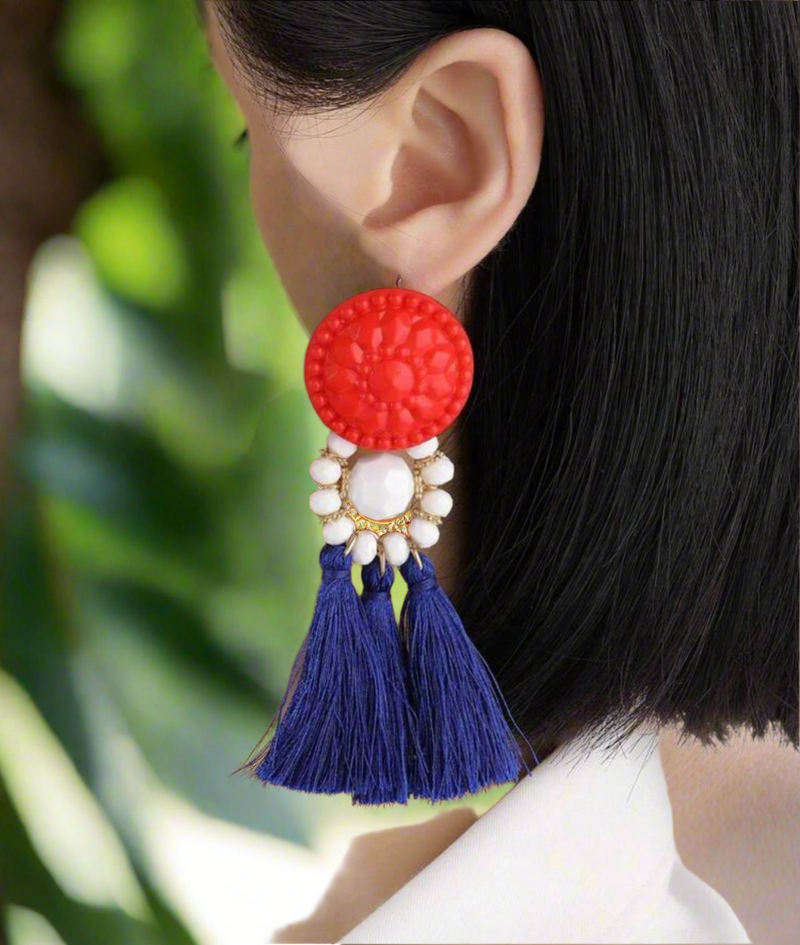 All-American Glam Earrings – Bold Red Top, Beaded Accents & Royal Blue Tassels
