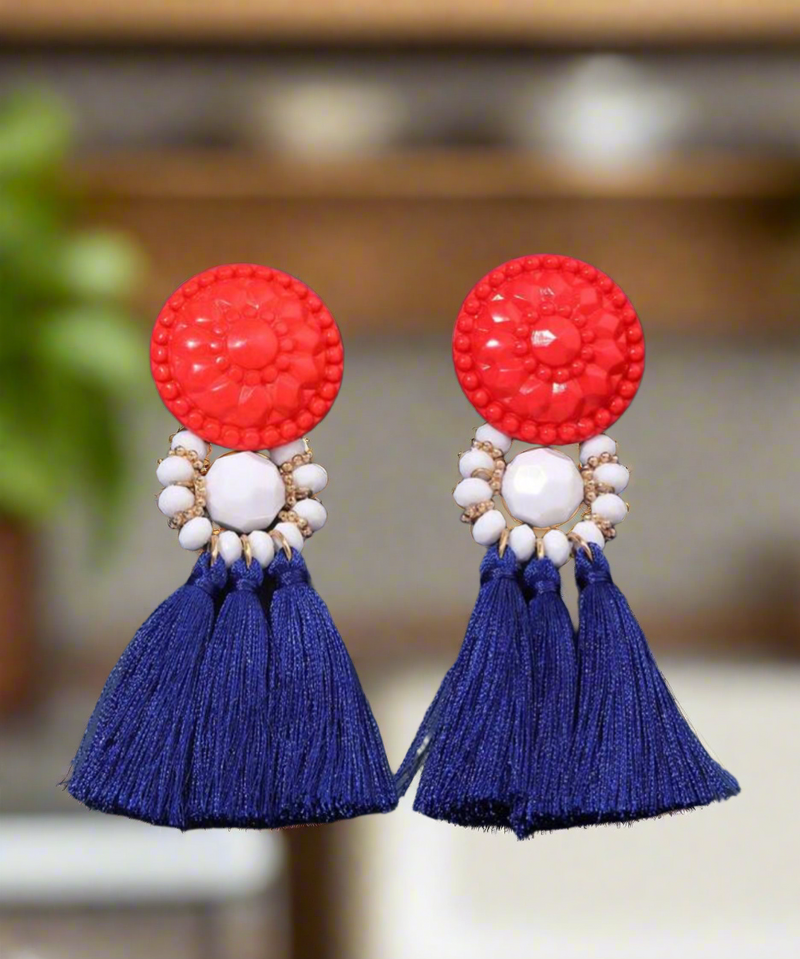 All-American Glam Earrings – Bold Red Top, Beaded Accents & Royal Blue Tassels