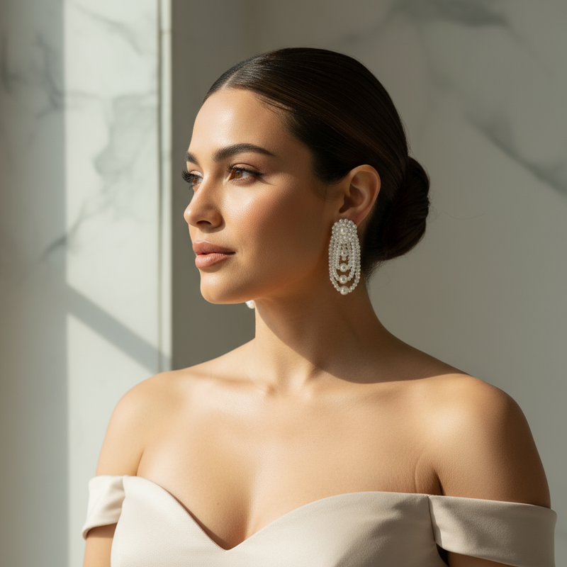 A pair of cascading pearl statement earrings featuring layered oval loops of ivory faux pearls with a clustered pearl stud, displayed on a wooden surface