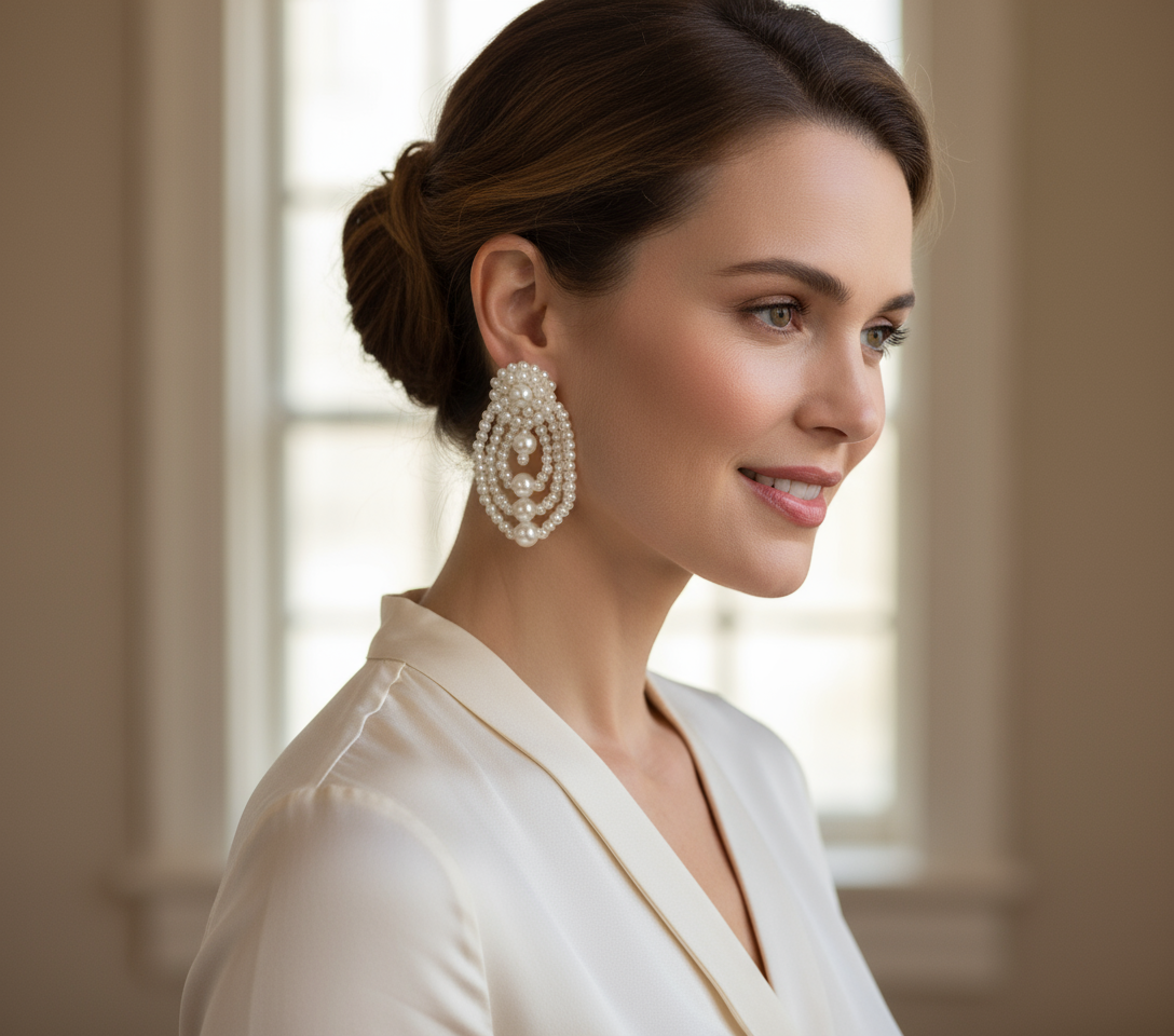 A pair of cascading pearl statement earrings featuring layered oval loops of ivory faux pearls with a clustered pearl stud, displayed on a wooden surface