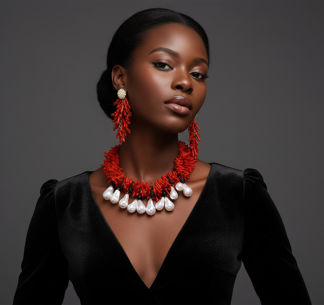 Woman wearing a black dress with a red and white necklace and earrings on a dark background