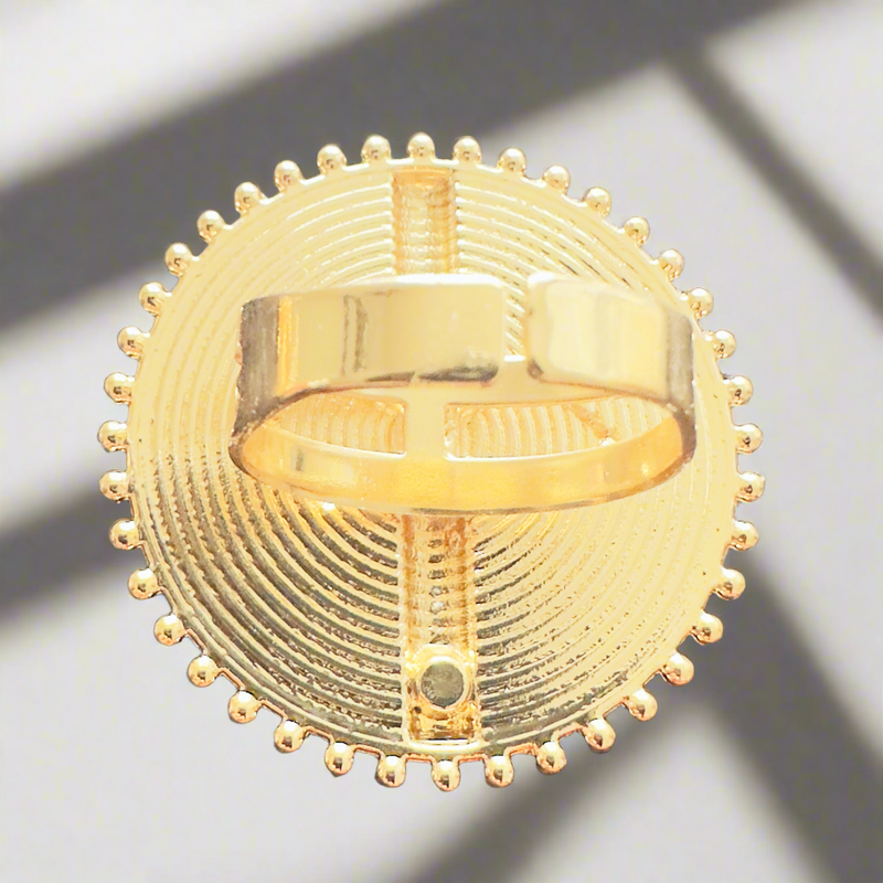 Akyene Sun Disc Ring – Akan-Inspired Adjustable Gold-Plated Statement Ring with Circular Spiral Design