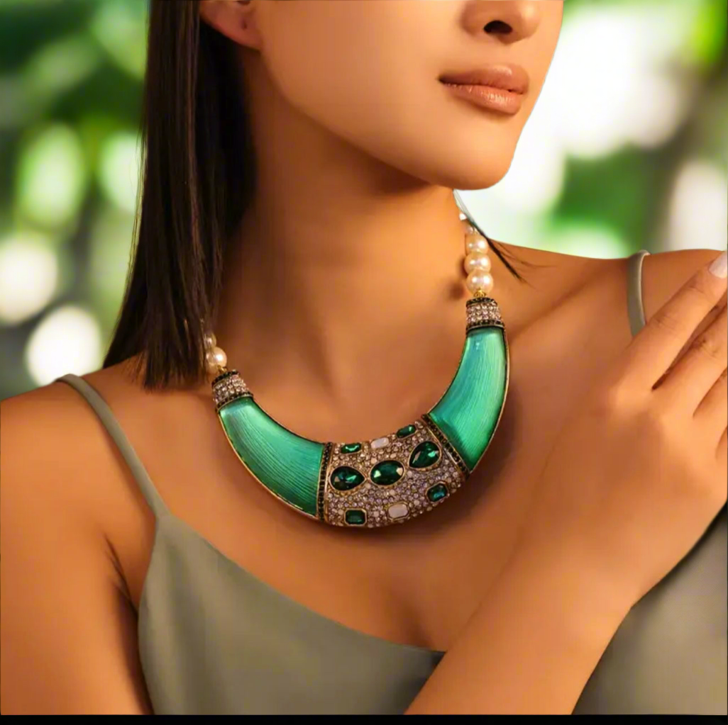 Bold green gemstone and pearl statement necklace with crystal detailing and crescent-shaped collar on vintage tray
