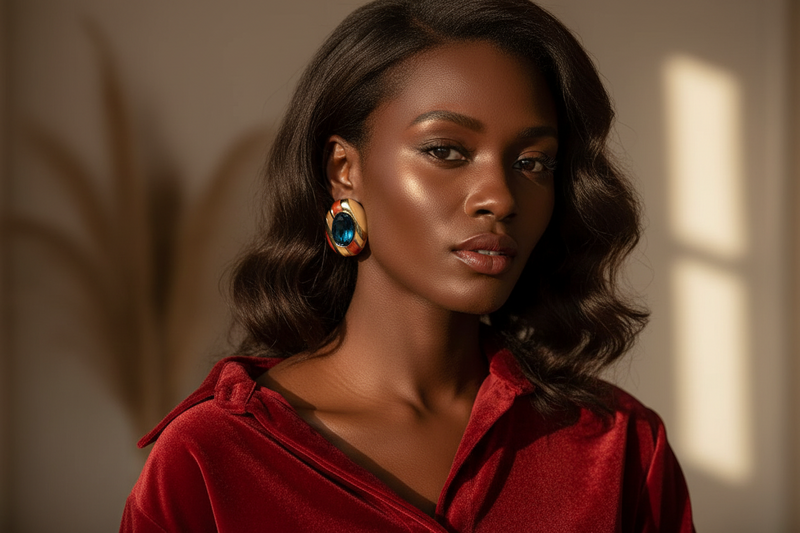 Woman wearing a red top with a blurred background