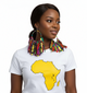 Woman wearing a white t-shirt with a yellow Africa map design on a white background