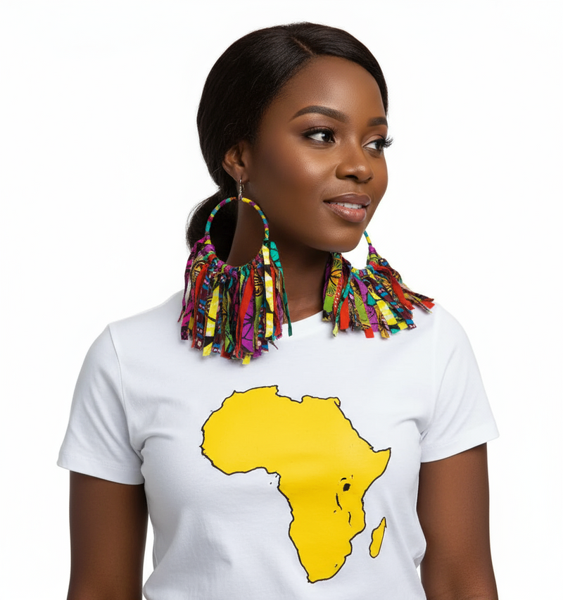 Woman wearing a white t-shirt with a yellow Africa map design on a white background