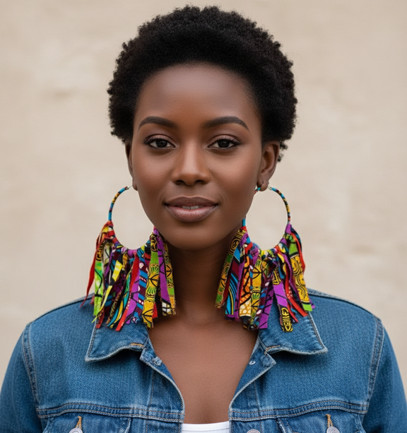 Woman wearing colorful earrings and a denim jacket against a beige background