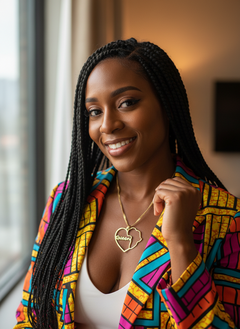 Woman wearing a colorful jacket with a heart-shaped pendant, smiling in front of a window.